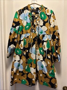 Who What Wear Black Floral Babydoll Dress with Green, Light Blue & Mustard